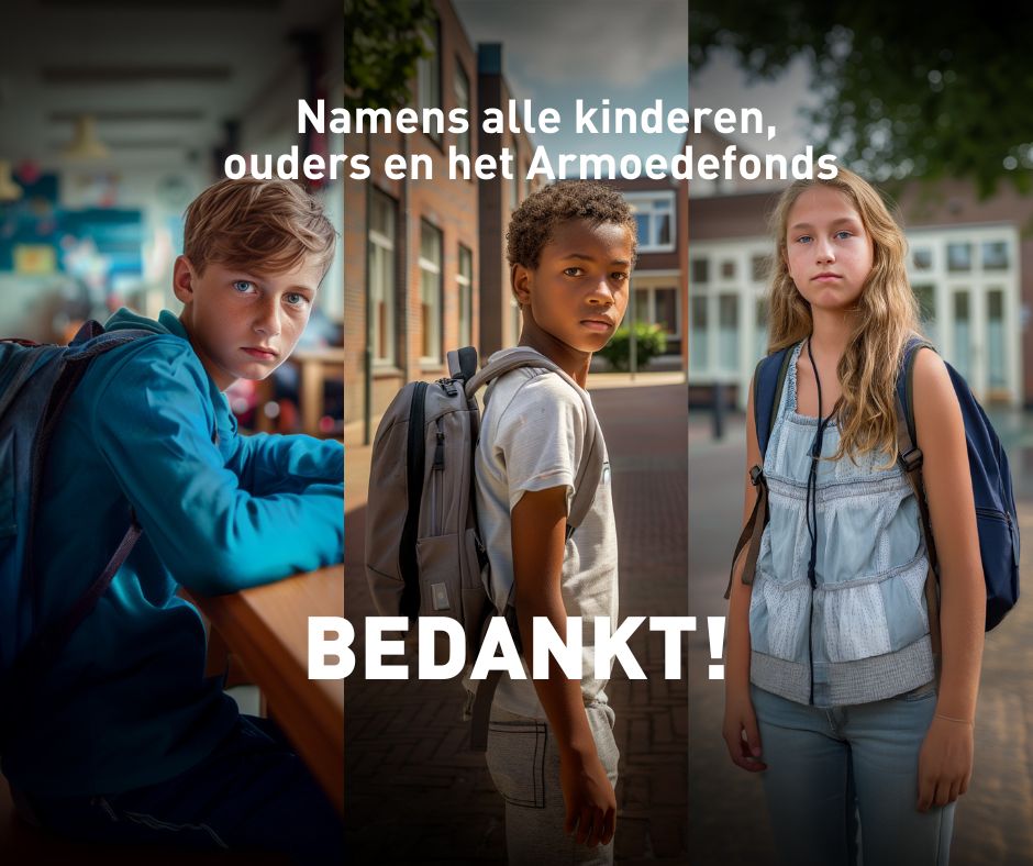 Bedankt Schoolspullenactie Drie kinderen met een rugzak om op school.